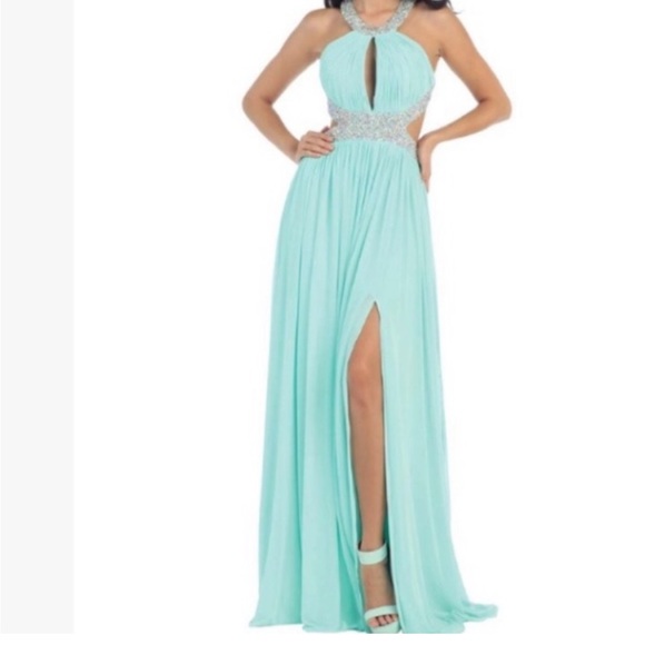 Blue beaded Halter Maxi Gown - Picture 3 of 15